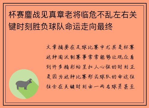 杯赛鏖战见真章老将临危不乱左右关键时刻胜负球队命运走向最终 杯赛鏖战见真章老将临危不乱左右关键时刻胜负球队命运走向最终